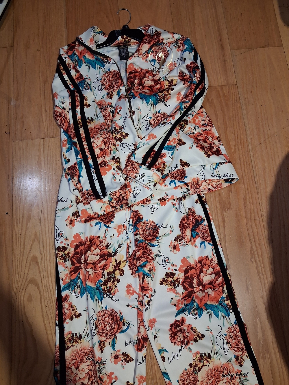 Baby Phat Cream Floral Warm-Up/Jogger Set with Orange and Teal Accents Size 1x